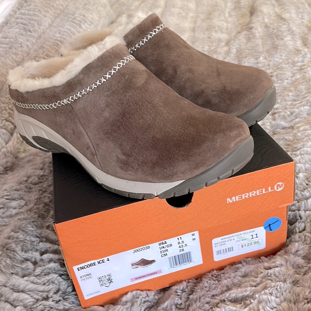 New with box & tag, Merrill brown/beige slip o clog - mule. 11 med -